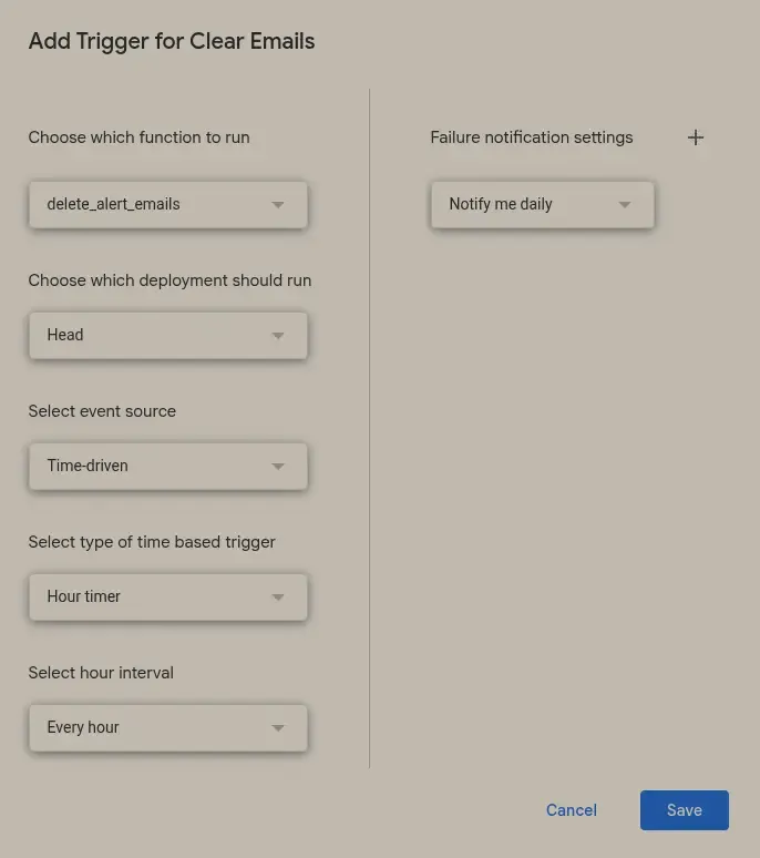 Add trigger dialog box